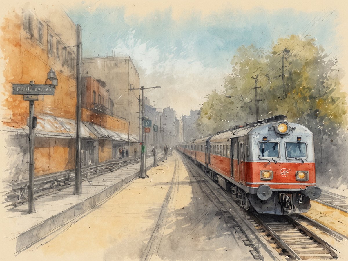 Ein Zug fährt auf einem Bahnhof mit historischen Gebäuden im Hintergrund. Die Szenerie ist in sanften Aquarelltönen gehalten, wobei die Gleise in der Mitte des Bildes verlaufen. Auf der linken Seite sind einige Menschen zu sehen, die an einem Stand vorbeigehen. Neben den Gleisen befindet sich ein Straßenschild, und im Hintergrund sind weitere Gebäude und Bäume sichtbar. Der Himmel ist klar und vermittelt ein angenehmes Reisegefühl, ideal für deinen ersten Backpacking-Trip.