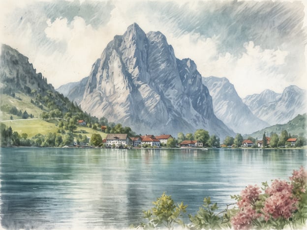 Auf dem Bild ist ein traumhafter Seeblick am Traunsee zu sehen. Die sanften Wellen des Sees spiegeln die majestätischen Berge wider, während malerische, kleine Dörfer mit roten Dächern am Ufer liegen. Üppige grüne Hügel und eine blühende Blumenpracht im Vordergrund tragen zur idyllischen Atmosphäre bei. Die Wolken am Himmel vervollständigen die friedliche Szenerie und schaffen eine herrliche, entspannende Stimmung.