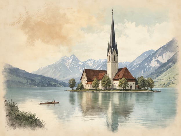 Auf dem Bild ist eine malerische Klosterkirche auf einer Insel im Wasser zu sehen, umgeben von Bergen und einer ruhigen Landschaft. Diese Szenerie erinnert an die Geschichte von St. Wolfgang, einem Heiligen, der im 10. Jahrhundert lebte und bekannt dafür ist, die Region um den Wolfgangsee in Österreich geprägt zu haben. 

Nach der Legende ließ St. Wolfgang eine Kirche auf einem Hügel bauen, um die Menschen zu bekehren und den Glauben zu verbreiten. Die Darstellung der Kirche auf der Insel könnte eine Hommage an seinen Einfluss und die friedliche Umgebung sein, die er so sehr schätzte. Der Wolfgangsee ist heute ein beliebtes Ziel für Pilger und Touristen, die die Schönheit der Natur und die spirituelle Bedeutung dieses Ortes erleben möchten.