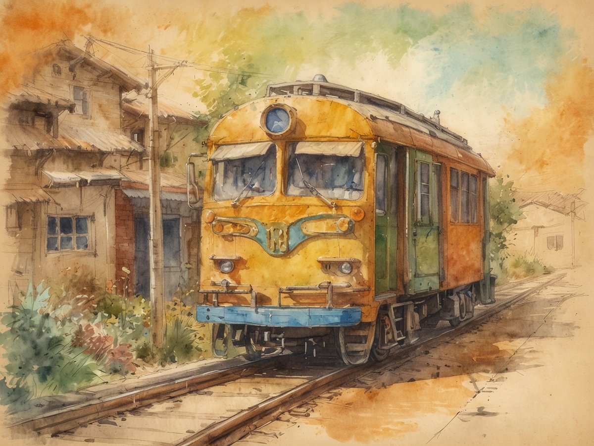 Eine orangefarbene elektrische Straßenbahn steht auf einem Gleis in einer malerischen Umgebung. Im Hintergrund sind einfache, mehrstöckige Gebäude aus Holz und Ziegeln zu sehen, umgeben von üppigem Grün. Die Farben sind sanft und die Szene strahlt eine ruhige, nostalgische Atmosphäre aus.