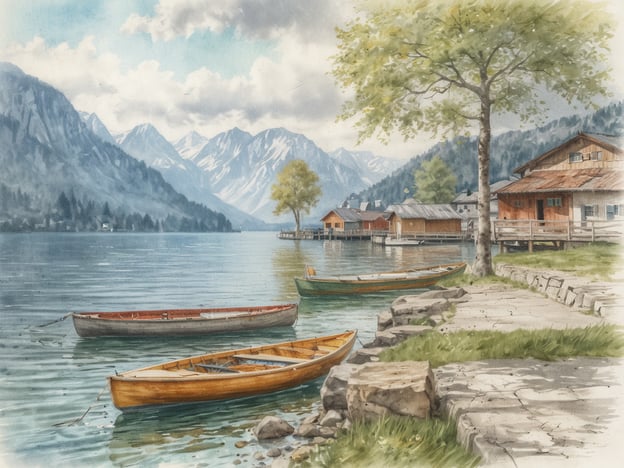 Auf dem Bild ist eine malerische Szene am Ufer eines seichten Gewässers zu sehen, das von majestätischen Bergen umgeben ist. Einige Boote liegen sanft im Wasser, während Holzgebäude am Ufer stehen. Ein Baum spendet Schatten und der Weg entlang des Wassers lädt zum Spazieren ein. Die Farben sind sanft und harmonisch, was die ruhige Atmosphäre unterstreicht. Diese Szenerie erinnert an die Schönheit des Traunsees und lädt dazu ein, die Natur und die friedliche Umgebung zu genießen.