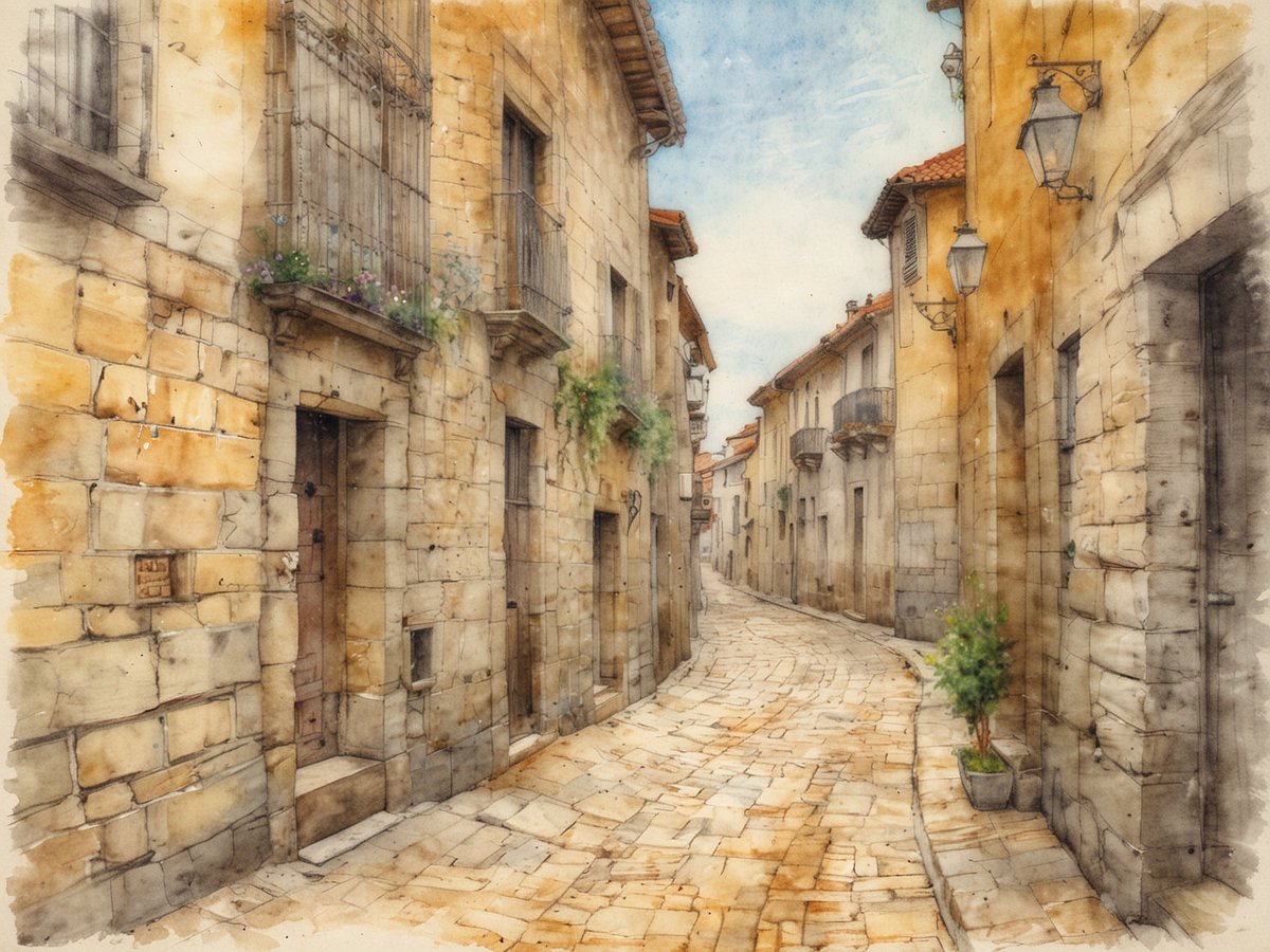 Eine malerische, enge Gasse mit Steinmauern und charmanten Häusern, die typische Architektur eines kleinen spanischen Dorfes zeigt. Die Straße ist gepflastert und biegt leicht ab, während an den Wänden Blumen in Fenstern wachsen. Die Dächer sind mit roten Ziegeln gedeckt und an einigen Gebäuden hängen Laternen. Das Bild vermittelt eine ruhige Atmosphäre, die an die Kultur und Traditionen entlang des Jakobswegs erinnert, einem berühmten Pilgerweg in Spanien, der durch malerische Dörfer führt.