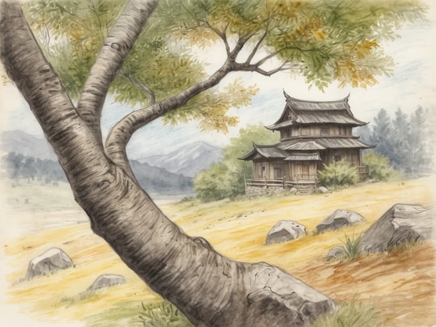 Auf dem Bild ist eine malerische Landschaft zu sehen, die ein traditionelles asiatisches Gebäude darstellt, umgeben von Bäumen und Felsen. Die sanften Hügel im Hintergrund und die Auswahl der Farben verleihen dem Bild eine ruhige und harmonische Atmosphäre. Diese Art von Darstellung könnte an die Kunst am Attersee erinnern, wo Landschaften oft mit einem Fokus auf die Schönheit der Natur und die Einbindung traditioneller Architektur kombiniert werden. Solche Werke ziehen oft die Betrachter in ihren Bann und inspirieren zu einer Auseinandersetzung mit der Natur und Kultur.