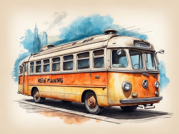 Auf dem Bild ist ein vintage Bus zu sehen, der in orange und weiß gestaltet ist. Der Bus trägt die Aufschrift "REIS PLANNING" und hat ein nostalgisches Design, ähnlich wie die alten Volkswagen Busse. Im Hintergrund sind stilisierte Stadtsilhouetten zu erkennen, die auf eine urbane Umgebung hindeuten.

### Praktische Informationen für Besucher:

1. **Öffentliche Verkehrsmittel**: Wenn Sie diesen Bus sehen möchten, informieren Sie sich über lokale Touren, die möglicherweise historische Busse einsetzen. Diese können eine interessante Möglichkeit sein, die Stadt zu erkunden.

2. **Fotomöglichkeiten**: Der Bus bietet eine tolle Kulisse für Fotos. Halten Sie Ausschau nach besonderen Veranstaltungen oder Ausstellungen, bei denen dieser oder ähnliche Busse ausgestellt werden.

3. **Besuch von Verkehrsmuseen**: In vielen Städten gibt es Museen, die historische Fahrzeuge ausstellen. Hier könnten Sie solche Busse und ihre Geschichte näher kennenlernen.

4. **Touristische Stadtrundfahrten**: Informieren Sie sich über Stadtrundfahrten, die nostalgische Fahrzeuge einsetzen. Solche Touren geben Ihnen die Möglichkeit, die Stadt aus einer anderen Perspektive zu erleben.

Genießen Sie Ihren Besuch!