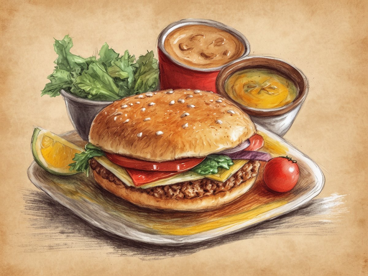 Ein appetitlicher Hamburger mit Sesambrötchen und einer Füllung aus Fleisch, Käse, Tomaten, Salat und einer Scheibe Brot auf einem Teller. Daneben befinden sich eine Schüssel mit frischem Salat, eine kleine rote Schale mit einer Mahlzeit sowie eine weitere Schüssel mit einer gelben Suppe, die ein Stückchen Zitrone enthält. Der Teller ist dekorativ angerichtet und vermittelt ein einladendes Ambiente zum Genießen von gutem Essen.