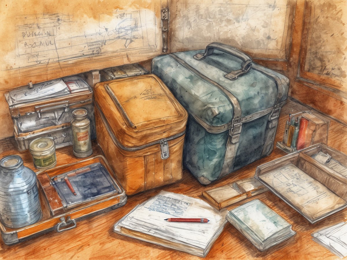 Auf dem Bild sind mehrere Reiseutensilien und Taschen zu sehen, die auf einem Holztisch angeordnet sind. Links befindet sich eine flache, silberne Kiste, daneben stehen ein paar Gläser und Dosen. In der Mitte liegt eine orangefarbene Tasche und rechts davon eine größere, grüne Tasche. Außerdem sind einige Notizbücher und eine weiße Blätter mit Skripten sowie ein Schreibwerkzeug auf dem Tisch verteilt. Im Hintergrund sind skizzierte Pläne und Notizen an die Wand gezeichnet. Das gesamte Arrangement vermittelt einen nostalgischen und vorbereitenden Eindruck für eine Reise.
