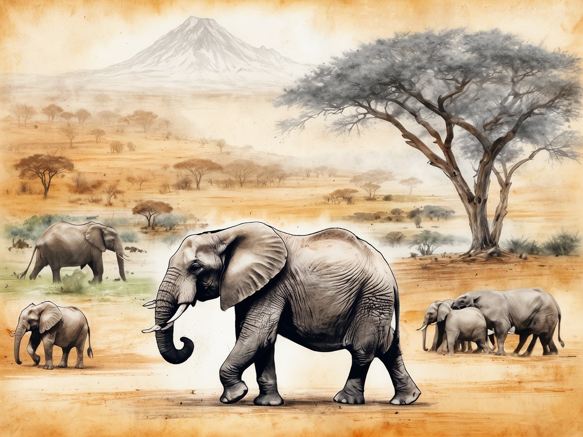 Eine malerische afrikanische Landschaft zeigt eine Gruppe von Elefanten, die majestätisch durch die savannenartige Umgebung ziehen. Im Hintergrund erhebt sich ein beeindruckender Berg, während alte Akazienbäume die Szenerie prägen. Die verschiedenen Elefanten, von einem kleinen Kalb bis hin zu einem großen, erwachsenen Tier, bilden eine harmonische Einheit in dieser natürlichen Kulisse. Die sanften Erdtöne und der weiche Himmel schaffen eine friedliche und bezaubernde Stimmung, die die Schönheit und Wildheit Afrikas einfängt und deutlich macht, warum eine Reise dorthin unvergesslich ist.