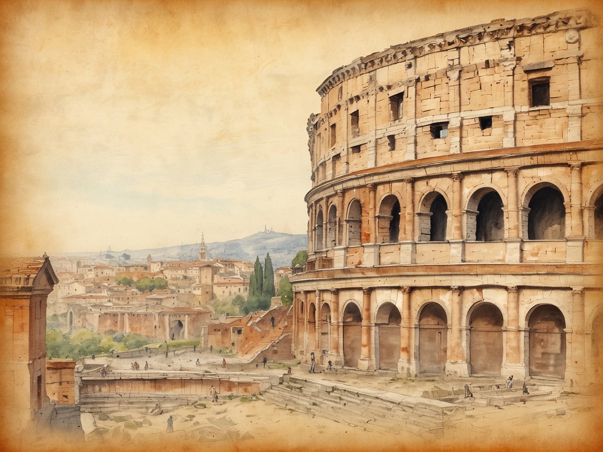 Das Bild zeigt das Kolosseum in Rom, umgeben von der antiken Ruinenlandschaft. Die detailreiche Darstellungen heben die majestätischen Bögen und die beeindruckende Struktur des Kolosseums hervor, während im Hintergrund sanfte Hügel und historische Gebäude zu sehen sind. Die Atmosphäre des bildlichen Szenarios vermittelt ein Gefühl von Geschichte und Kultur, das für Reiseziele wie Rom typisch ist, die Kulturinteressierte anziehen. Flanierende Menschen sind im Vordergrund erkennbar, was die lebendige Atmosphäre der Stadt unterstreicht.