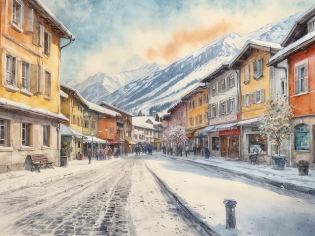 Auf dem Bild ist eine malerische Winterlandschaft mit schneebedeckten Straßen und bunten Häusern zu sehen. Die Schönheit von Kaprun entdecken zeigt sich in der charmanten Architektur und der harmonischen Umgebung, umgeben von majestätischen Bergen. Die Atmosphäre wirkt einladend, mit vielen Menschen, die die winterliche Kulisse genießen. Es vermittelt ein Gefühl von Ruhe und der Freude, die diese alpine Region zu bieten hat.