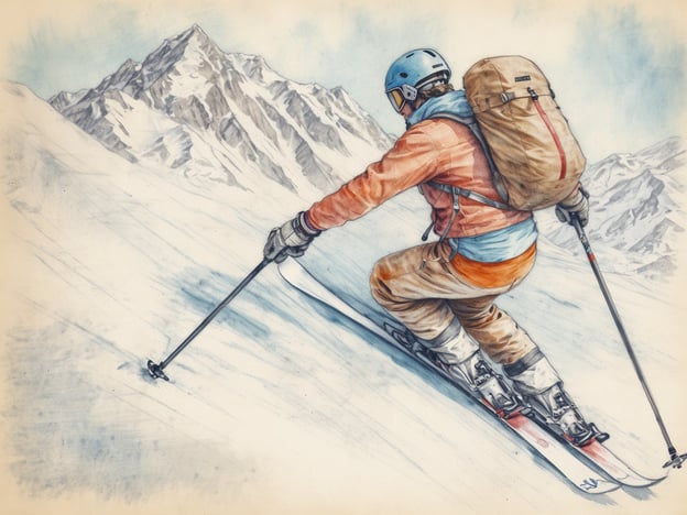 Auf dem Bild ist ein Skifahrer zu sehen, der durch eine verschneite Landschaft fährt, umgeben von majestätischen Bergen. Die Darstellung vermittelt das Gefühl von Abenteuer und Freiheit im Ski-Sport. Dies erinnert an das ganzjährige Skivergnügen am Kitzsteinhorn, wo Wintersportbegeisterte zu jeder Jahreszeit die Pisten genießen können.