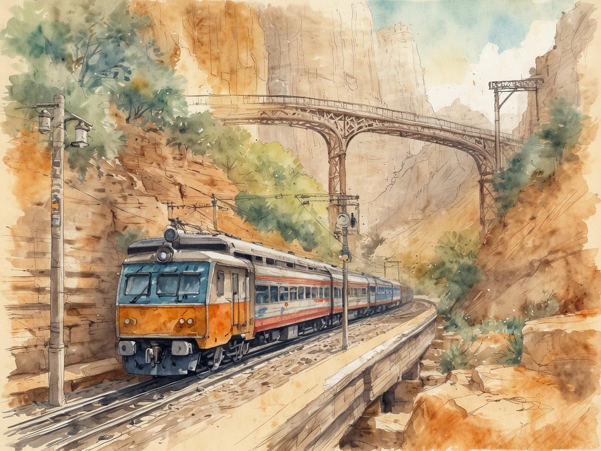 Eine imposante Zugfahrt durch eine felsige Landschaft wird dargestellt. Ein orange-weiß lackierter Zug fährt auf einer Schienenstrecke, die sich durch eine enge Schlucht schlängelt. Im Hintergrund ist eine hohe Eisenbrücke zu sehen, die über die Schlucht führt, umgeben von steilen Felsen und grünen Pflanzen. Die Szenerie ist in sanften Aquarellfarben gehalten, was der Landschaft eine malerische und friedliche Atmosphäre verleiht.