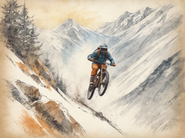 Auf dem Bild ist ein Mountainbiker zu sehen, der in einer beeindruckenden, schneebedeckten Berglandschaft fährt. Dies stellt die perfekte Destination für Wintersport- und Mountainbike-Enthusiasten dar, kombiniert durch die rauen, majestätischen Berge und die Möglichkeit, in der Natur aktiv zu sein.