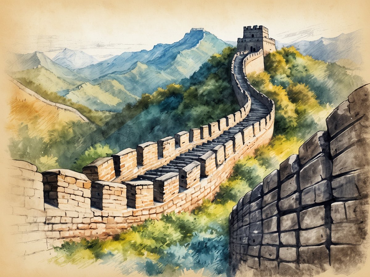 Die Illustration zeigt einen malerischen Abschnitt der Chinesischen Mauer, der sich durch eine bewaldete, bergige Landschaft schlängelt. Die Mauer besteht aus traditionellen Ziegelsteinen und hat charakteristische Türme und Stufen. Sanfte Hügel und Berge umgeben die Struktur, während der Himmel im Hintergrund harmonisch in sanften Farben dargestellt ist. Diese Darstellung vermittelt die majestätische Präsenz und die historische Bedeutung der Chinesischen Mauer in der Landschaft Chinas.