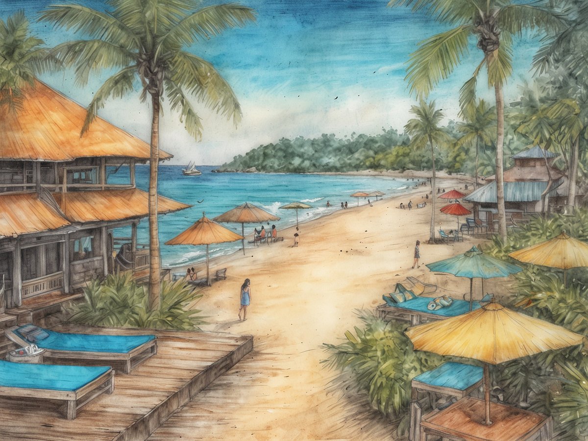 Ein malerischer Strand in Thailand mit sanften Wellen, die an die Küste schlagen. Am Ufer stehen bunte Sonnenschirme und Liegen, umgeben von Palmen. Das Wasser schimmert in verschiedenen Blautönen und im Hintergrund sind sanfte Hügel zu sehen. Einige Menschen genießen den Strand, während ein Boot in der Ferne vorbeifährt. Diese tropische Kulisse lädt ein, die entspannende Atmosphäre Thailands zu erleben, was jeden dazu veranlassen sollte, einmal im Leben dorthin zu reisen.