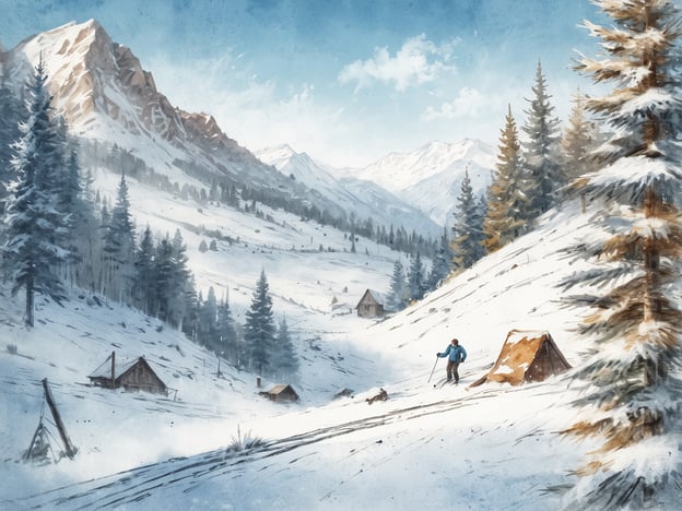 Auf dem Bild ist eine traumhafte Winterlandschaft zu sehen, die die Faszination von Obertauern widerspiegelt. Die sanften Schneeverwehungen, umgeben von majestätischen Bergen und dichten Tannen, laden zu einer Skitour oder zu einem gemütlichen Spaziergang ein. Ein Skifahrer gleitet die schneebedeckte Abfahrt hinunter, während im Hintergrund einige rustikale Hütten stehen, die ein beruhigendes Ambiente schaffen. Diese Kulisse verkörpert perfekt die natürliche Schönheit und die winterliche Idylle, die Obertauern zu einem beliebten Ziel für Wintersportler macht.