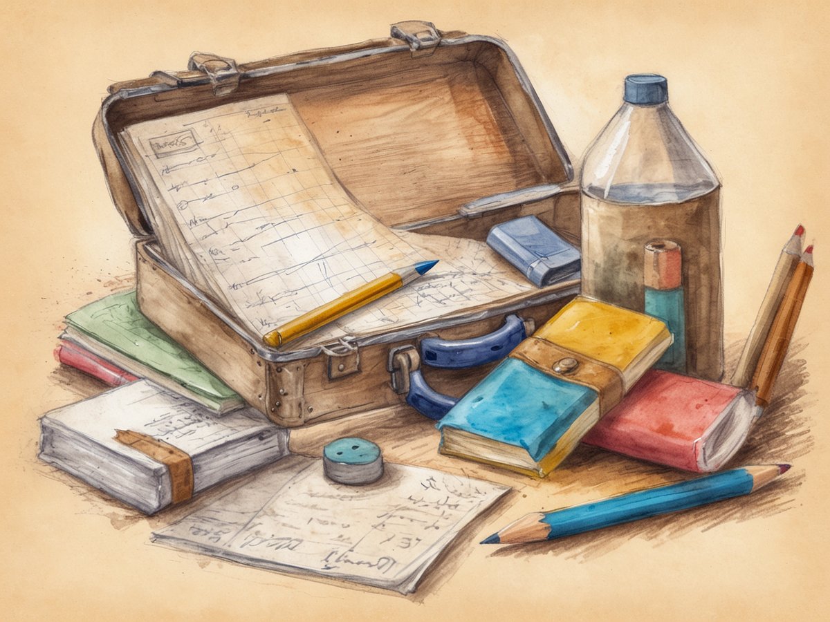 Ein offener Koffer liegt auf einem Tisch und enthält ein Notizbuch mit handschriftlichen Notizen. Daneben befinden sich ein gelber Bleistift, ein Wasserflasche, verschiedene Bücher in unterschiedlichen Farben sowie einige Schreibutensilien, darunter Buntstifte und Radiergummi. Der Tisch hat einen neutralen Hintergrund, während die Anordnung der Gegenstände den Eindruck von Reisevorbereitungen vermittelt.