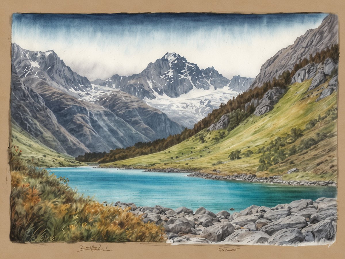 Eine malerische Landschaft in Neuseeland ist zu sehen, die von majestätischen, schneebedeckten Bergen umgeben ist. Im Vordergrund fließt ein klarer, türkisfarbener See, dessen Ufer mit grünem Gras und kleinen Steinen gesäumt ist. Die sanften Hügel und Felsen im Hintergrund fördern eine beeindruckende Kulisse, während der Himmel mit flauschigen Wolken verziert ist. Die Region bietet zahlreiche Möglichkeiten für Wanderungen und Erkundungen der atemberaubenden Natur, was sie zu einem idealen Ziel für Naturliebhaber macht.