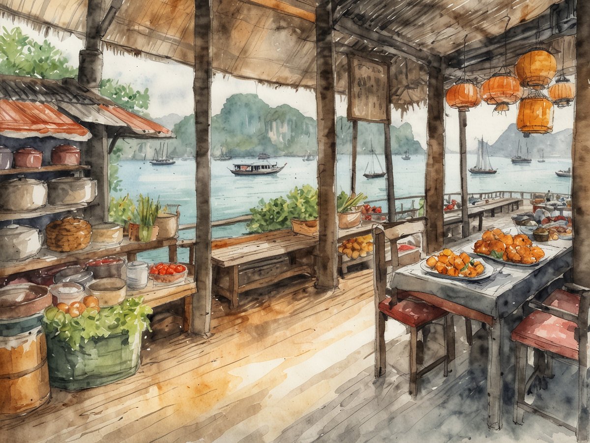 Ein malerisches Restaurant am Wasser in Vietnam ist zu sehen. Der Raum ist mit Holz vertäfelt und hat eine offene Struktur, die einen schönen Blick auf das Wasser ermöglicht. Auf einem Holztisch liegen frische Orangen, während daneben eine Reihe von Töpfen und Behältern auf Regalen verstaut sind. Im Hintergrund sind durch das Fenster Boote auf dem Wasser zu sehen, umgeben von grünen Hügeln. Rote Laternen hängen von der Decke und verleihen dem Ort eine einladende Atmosphäre. Für Reisende ist es eine wunderbare Gelegenheit, die lokale Küche und die entspannte Atmosphäre vietnamesischer Restaurants zu genießen.