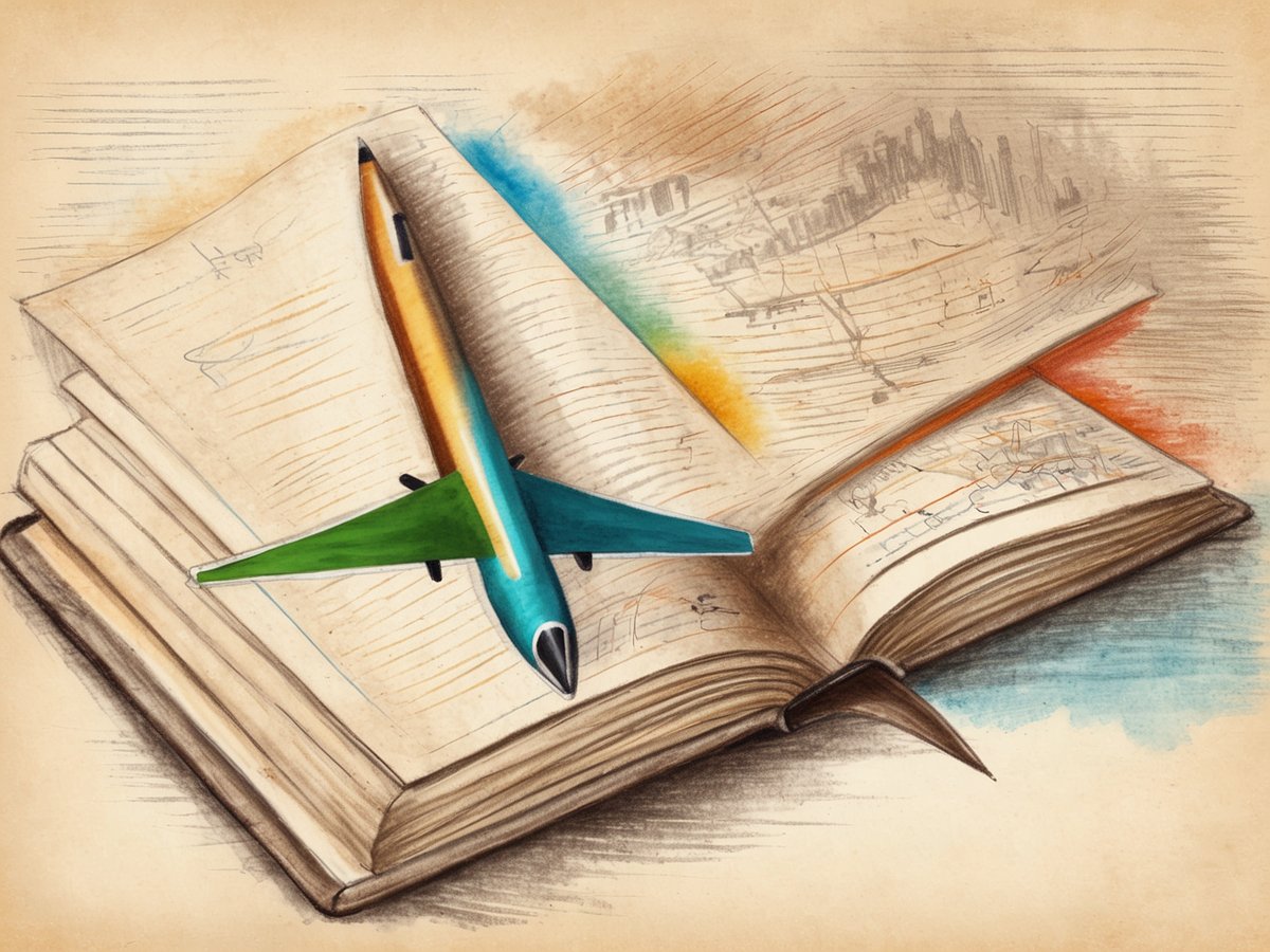 Ein aufgeschlagenes Buch mit handschriftlichen Notizen und skizzenhaften Zeichnungen liegt auf einer Oberfläche. In der Mitte des Buches befindet sich ein farbenfrohes Modellflugzeug, das auf der Seite platziert ist. Der Hintergrund zeigt sanfte Farbtöne, die eine Reise-Thematik andeuten.