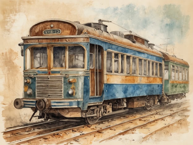 Das Bild zeigt eine watercolor Darstellung eines alten Schienenfahrzeugs, das wahrscheinlich aus der Zeit der frühen Motorisierung stammt. Historisch gesehen spielen solche Triebwagen eine wichtige Rolle in der Entwicklung des öffentlichen Verkehrs. 

In vielen Ländern wurden diese Fahrzeuge während des 20. Jahrhunderts populär, da sie eine effiziente Möglichkeit boten, Menschen und Güter über mittlere Distanzen zu transportieren. Die Gestaltung und Farben deuten auf traditionelle Bauweisen hin, die oft in ländlichen Gebieten zu finden waren, wo diese Art von Transportmittel eine Verbindung zwischen Städten und Dörfern herstellte.

Solche Bahnen sind nicht nur technische Artefakte, sondern auch Teil der kulturellen Geschichte, die lokale Gemeinschaften miteinander verknüpft. Sie beförderten nicht nur Reisende, sondern auch Ideen und Kulturen, was zu einem Austausch führte, der für viele Regionen prägend war.