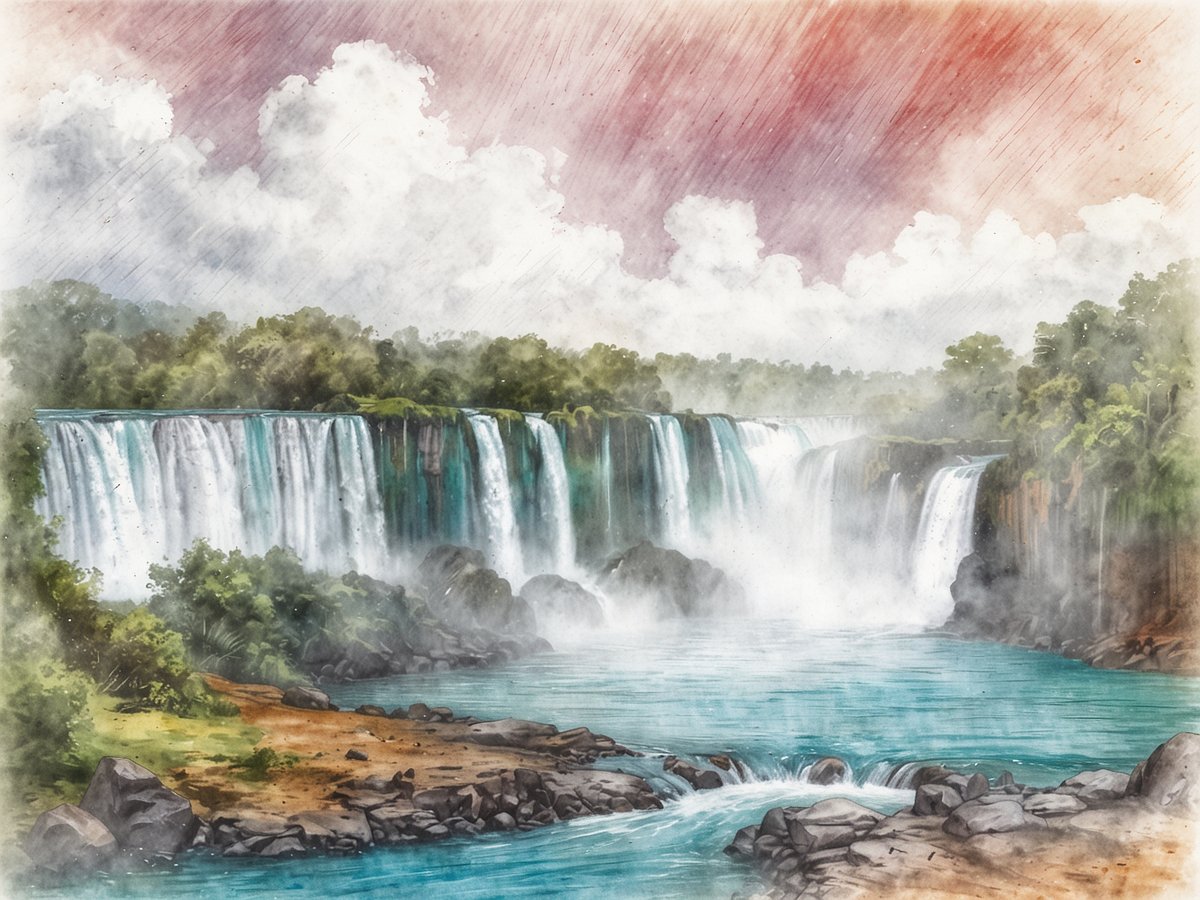 Ein beeindruckendes Bild der Iguazú-Wasserfälle in Argentinien, umgeben von üppiger grüner Vegetation und einem klaren blauen Fluss, der an den Abgründen entlang fließt. Der Himmel ist teilweise bewölkt mit zarten Farbtönen, die eine ruhige, aber majestätische Atmosphäre schaffen. Diese spektakuläre Naturszene lädt dazu ein, die beeindruckenden Wasserfälle zu erkunden und die Schönheit der Natur zu genießen. Besonders empfehlenswert für Reisende sind die Bootstouren, die Nähe zu den Wasserfällen und die vielen Wanderwege in der Umgebung, um die atemberaubende Landschaft vollständig zu erleben.