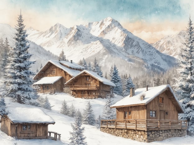 Auf dem Bild sind mehrere gemütliche Holzhäuser in einer verschneiten Berglandschaft zu sehen. Diese Szene könnte ideal für Après-Ski-Aktivitäten sein, wo Besucher nach einem langen Skitag entspannen und die winterliche Atmosphäre genießen können. In der Umgebung könnte zudem eine Gastronomie vorhanden sein, die traditionelle alpine Speisen und Getränke anbietet, perfekt für eine gesellige Runde nach dem Skifahren.