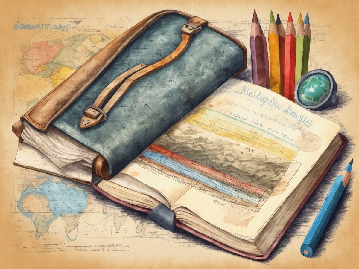 Auf dem Bild ist ein aufgeschlagenes Notizbuch zu sehen, das auf einem alten Weltkarten-Hintergrund liegt. Das Notizbuch hat einen blauen Einband mit einem Lederband und zeigt handschriftliche Notizen sowie eine detaillierte Illustration. Daneben liegen mehrere Buntstifte in verschiedenen Farben und ein blauer Bleistift. Ein kleiner Globus ist ebenfalls zu sehen, was den Reiseaspekt unterstreicht. Das Bild vermittelt eine Stimmung der Vorbereitung und Planung für eine Reise nach Chile.