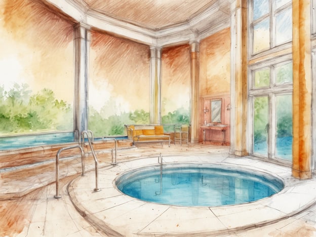 Auf dem Bild ist ein schöner Wellnessbereich zu sehen, der Entspannung pur in der Therme Bad Aussee ausstrahlt. Ein runder Pool mit klarem Wasser ist im Vordergrund, umgeben von einer hellen, einladenden Atmosphäre. Große Fenster lassen viel Licht herein und bieten einen Blick auf die grüne Umgebung. Gemütliche Sitzmöglichkeiten stehen bereit, um sich nach einem entspannenden Bad zurückzulehnen. Der Raum vermittelt ein Gefühl von Ruhe und Wohlbefinden, ideal für eine Auszeit vom Alltag.