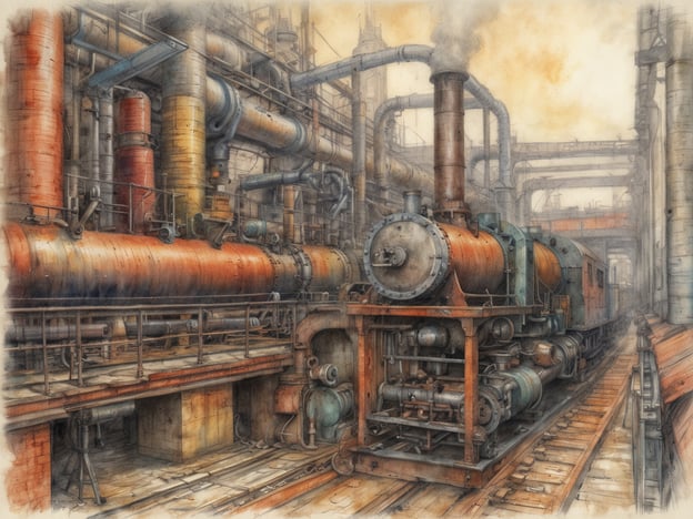 Auf dem Bild ist eine industrielle Szene zu sehen, die eine Dampflokomotive in einer Fabrik oder einem Industriekomplex zeigt. Die Lokomotive steht zwischen großen, farbigen Rohren und technischen Anlagen, die charakteristisch für die industrielle Entwicklung des 19. und 20. Jahrhunderts sind. Diese Art von Infrastruktur spielt eine wichtige Rolle in der industriellen Revolution, da sie den Transport und die Produktion von Waren revolutionierte. Die Lokomotive selbst symbolisiert den Fortschritt der Technologie und die Entwicklung von Transportmitteln in dieser Zeit.