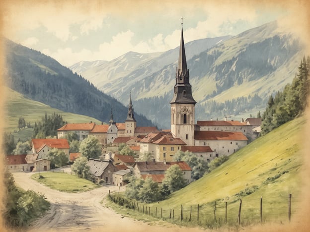 Das Bild zeigt ein malerisches Dorf, umgeben von sanften Hügeln und majestätischen Bergen. Im Mittelpunkt steht ein markantes Kirchengebäude mit einem hohen Turm, während die roten Ziegeldächer der anderen Häuser sich harmonisch in die Landschaft einfügen. Dieses Bild könnte gut zur Geschichte von Murau passen, die ebenfalls von der Naturverbundenheit und der traditionsreichen Architektur eines österreichischen Dorfes erzählt. Die idyllische Umgebung spiegelt die Ruhe und die Schönheit der ländlichen Alpenregion wider, wie sie auch in der Erzählung von Murau zum Ausdruck kommt.