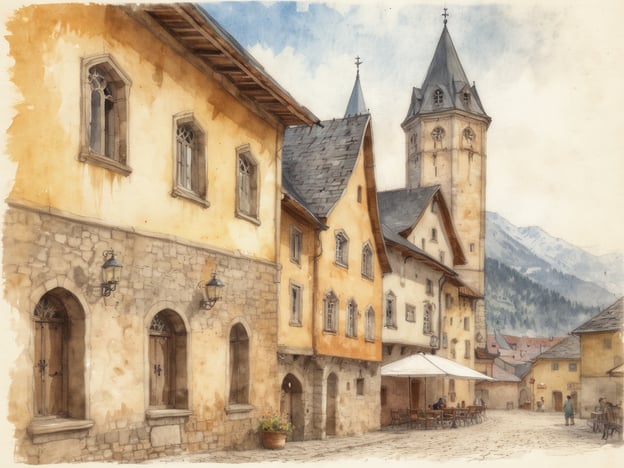 Auf dem Bild sind malerische Häuser und eine Kirche mit einem hohen Turm zu sehen, was an die Altstadt von Murau erinnert. Typische Sehenswürdigkeiten in Murau umfassen die Stadtpfarrkirche St. Matthäus mit ihrem eindrucksvollen Glockenturm und die historische Altstadt mit den charmanten Gassen und gut erhaltenen Gebäuden. Die Atmosphäre scheint ruhig und einladend zu sein, ideal für einen Spaziergang durch die Stadt.