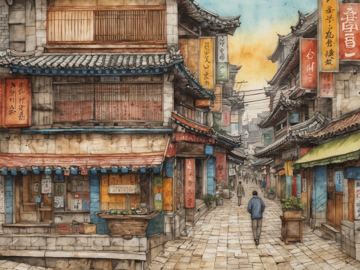 Ein malerischer, historischer Straßenzug in Südkorea ist zu sehen, der von traditioneller Architektur mit geschwungenen Dächer und bunten Schriftzeichen geprägt ist. Die Gassen sind von alten Gebäuden gesäumt, die lächelnde Geschäfte beherbergen. Auf den Gehwegen sind Menschen zu sehen, die im Alltag unterwegs sind. Die Atmosphäre ist ruhig, das Licht des Sonnenuntergangs gibt dem Bild eine warme, einladende Stimmung. Ein Besuch in Südkorea ermöglicht es, die faszinierende Mischung aus Tradition und Moderne zu erleben, die sich in solch historischen Vierteln widerspiegelt.