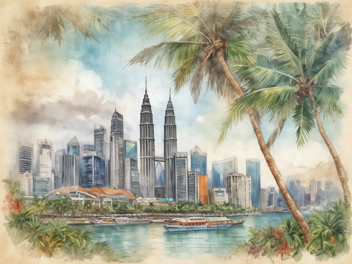 Die lebendige Stadtsilhouette von Kuala Lumpur wird von den berühmten Petronas Towers dominiert, die zwischen modernen Wolkenkratzern in einem klaren blauen Himmel aufragen. Im Vordergrund sind üppige grüne Palmen und tropische Pflanzen zu sehen, die dem Bild ein entspanntes Urlaubsgefühl verleihen. Am Wasser schippern mehrere Boote entlang der ruhigen Oberfläche, umgeben von einer Mischung aus städtischen und natürlichen Elementen. Dieser Anblick spiegelt die einzigartige Verbindung von Natur und Urbanität in Malaysia wider.