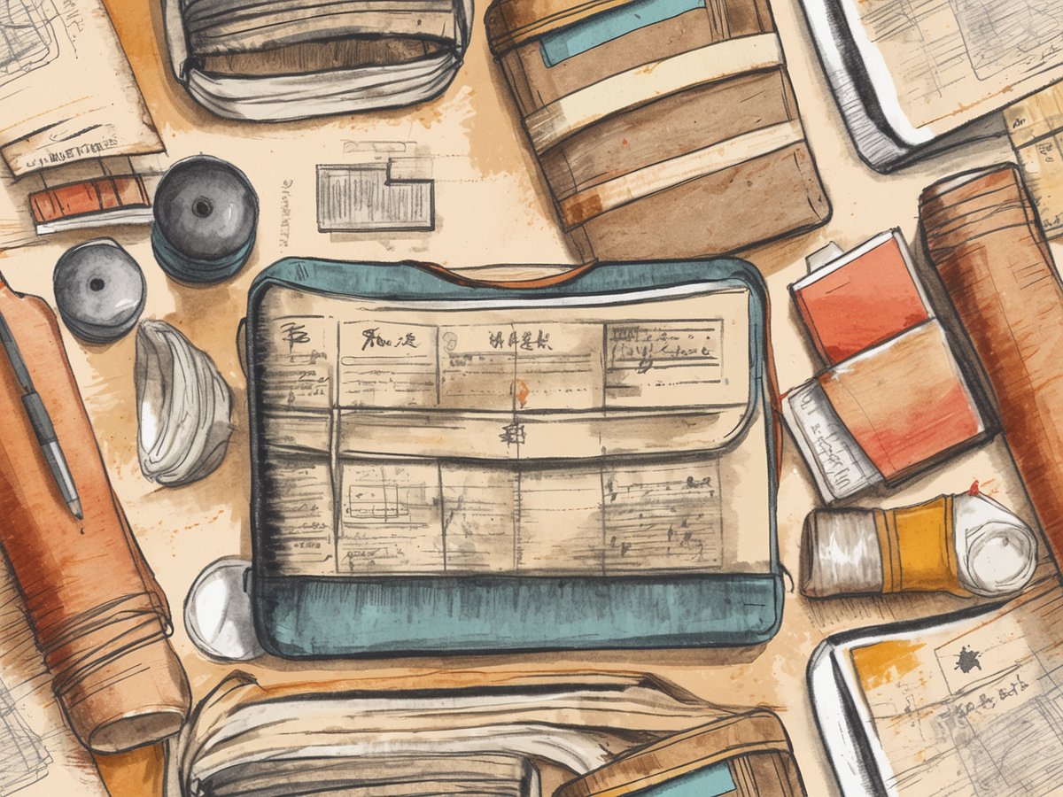 Auf dem Bild sind verschiedene Reiseutensilien und Notizen zu sehen, die auf einem Tisch ausgelegt sind. Im Vordergrund befindet sich eine blaue Tasche mit offenen Dokumenten und Notizen, daneben liegen mehrere Hefte, ein Stift und zwei runde Objekte. Die Gegenstände sind in Erdtönen gehalten und vermitteln einen organisierten, vorbereiteten Eindruck, der auf eine Reise nach Singapur hinweist.