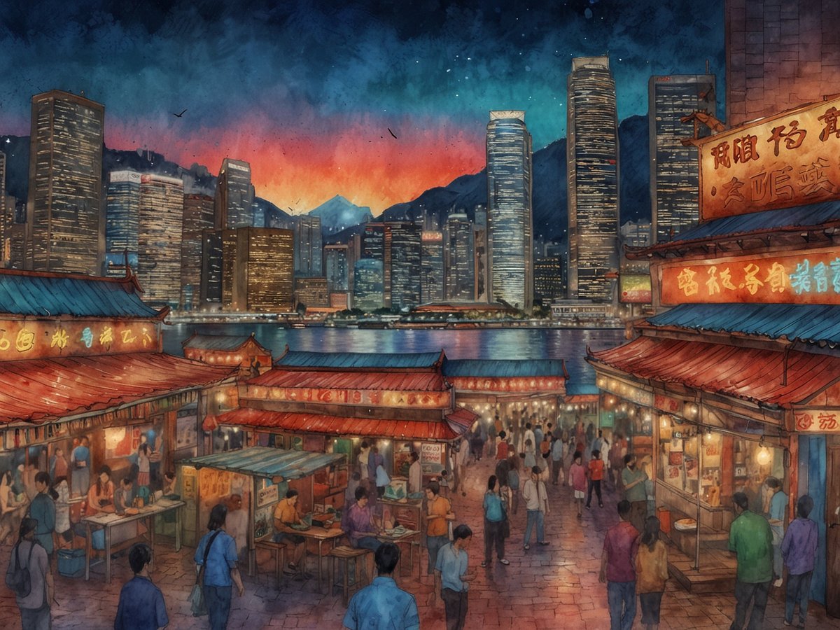 Die Szene zeigt einen belebten Nachtmarkt in Hongkong, der von leuchtenden Farben geprägt ist. Im Vordergrund sieht man Stände mit typischen Straßenessen, umgeben von zahlreichen Menschen, die die Atmosphäre genießen. Im Hintergrund erheben sich die beeindruckenden Hochhäuser von Hongkong, beleuchtet von zahlreichen Lichtern, während der Himmel in warmen Farben erstrahlt. Diese Darstellung vermittelt das pulsierende Leben und die kulturelle Vielfalt Hongkongs, ideal für Reisende, die die lokale Küche und das Nachtleben entdecken möchten.