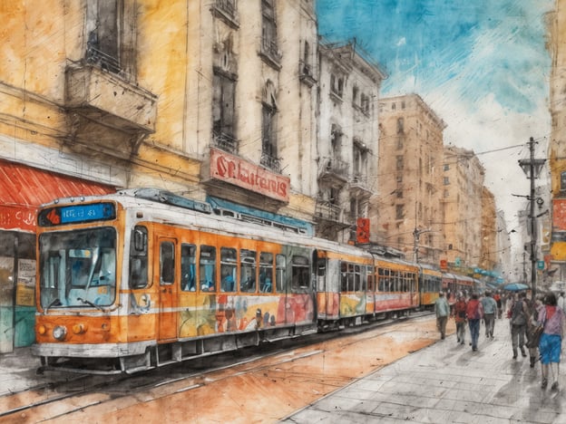 Auf dem Bild ist eine Straßenbahnszene in einer städtischen Umgebung zu sehen. Die Straßenbahn ist orangefarben und weist bunte, kunstvolle Darstellungen an den Seiten auf, was auf Kunst im öffentlichen Raum hinweist. Die Straße ist belebt, und mehrere Fußgänger spazieren vorbei. Die Architektur der Gebäude im Hintergrund trägt zur urbanen Atmosphäre bei. Solche Darstellungen von Straßenbahnlinien und urbaner Kunst schaffen eine lebendige Verbindung zwischen Verkehr, Gemeinschaft und künstlerischem Ausdruck im Stadtbild.