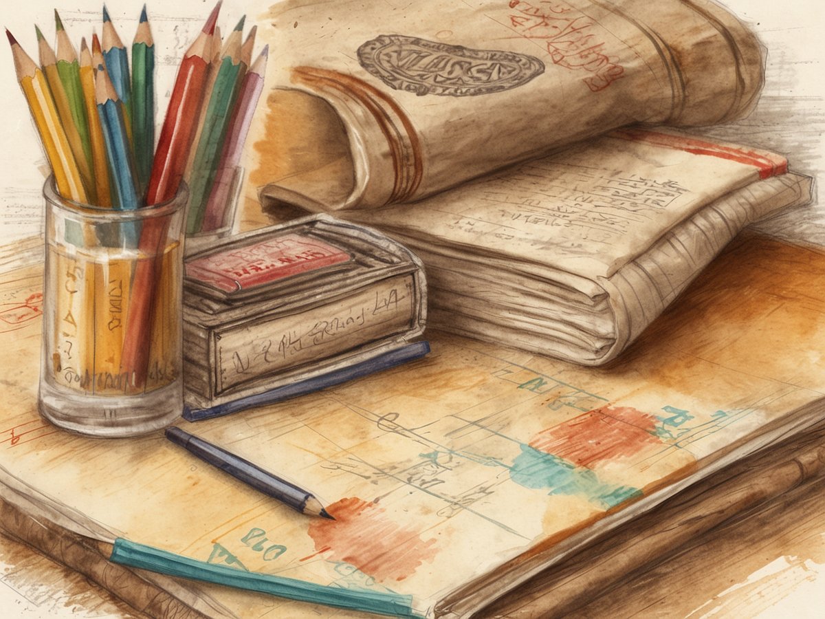 Auf dem Bild sind ein Tisch und verschiedene Schreibutensilien zu sehen. In einem Glas stehen mehrere Buntstifte in verschiedenen Farben. Neben dem Glas liegt ein Stapel Bücher, darunter ein kleinerer, aufgeklappter Notizblock und ein weiteres Buch, das teilweise offen ist. Der Tisch hat einige handschriftliche Notizen, Zeichnungen und Farbflecken. Die gesamte Szene vermittelt eine kreative und organisierte Atmosphäre, die an das Vorbereiten von Notizen oder Planungen für eine Reise erinnert.