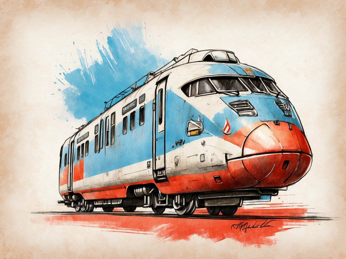 Ein stilisierter Zug mit einer markanten blauen und roten Farbgebung fährt auf einer Strecke. Die Vorderseite des Zuges hat eine aerodynamische Form mit großen Frontscheiben. Im Hintergrund sind sanfte gewässerte Farbschraffuren zu sehen, die den Eindruck von Bewegung vermitteln. Der Zug steht auf Schienen, und der gesamte Hintergrund ist in sanften, erdigen Tönen gehalten.
