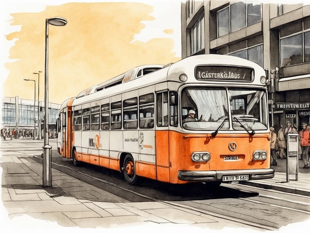 Auf dem Bild ist ein orange-weißer Linienbus zu sehen, der an einer Haltestelle steht. Der Bus hat auf seiner Frontanzeige den Zielort "Gästerklaus". Im Hintergrund sind moderne Gebäude und eine Menschenmenge zu erkennen. Die Umgebung wirkt urban und belebt.