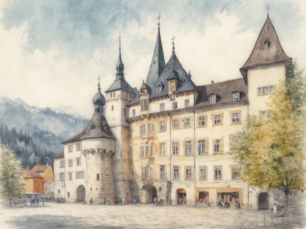 Auf dem Bild ist die Altstadt von Feldkirch zu sehen, mit dem beeindruckenden Schattenburg, die eine der Hauptsehenswürdigkeiten der Stadt ist. Die Burg hat eine markante Architektur mit Türmen und Zinnen. Im Vordergrund kann man auch die Platzgestaltung erkennen, die für Veranstaltungen und Märkte genutzt wird. Der Hintergrund zeigt die Alpen, die Feldkirch umgeben, was die malerische Kulisse der Stadt unterstreicht. Die historische Atmosphäre wird durch die alten Gebäude und die lebendige Aktivität auf dem Platz verstärkt.