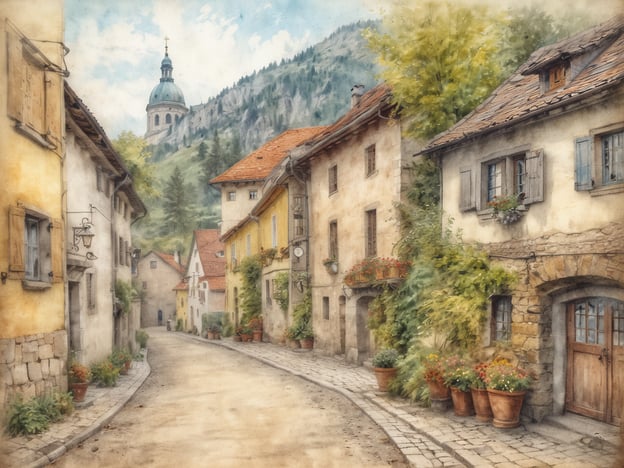 Auf dem Bild ist eine malerische, enge Gasse mit alten Häusern zu sehen. Diese Szenerie erinnert an die charmanten, historisch anmutenden Straßen in Bludenz. Mögliche Sehenswürdigkeiten, die in ähnlicher Umgebung zu finden sind, sind die St. Laurentius Kirche mit ihrem markanten Kirchturm und die wunderschönen, bunten Fassaden der alten Bürgerhäuser. Die lebendige Vegetation und die Blumen in Töpfen verleihen der Szene zusätzlichen Charme, ähnlich wie in den gepflegten Gärten der Stadt.