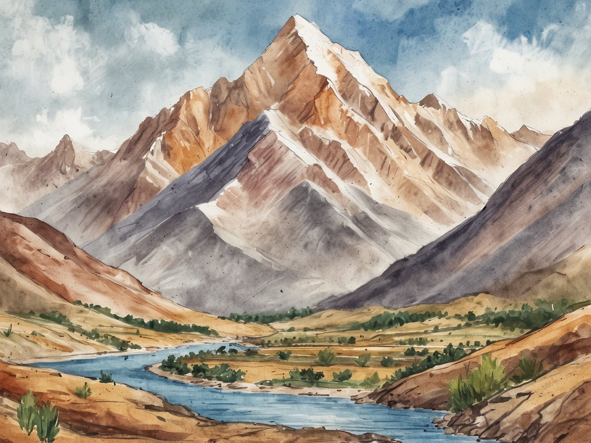 Eine majestätische Berglandschaft mit schneebedeckten Gipfeln und steilen Hängen, die in verschiedenen Brauntönen gehalten sind. Im Vordergrund fließt ein klarer, blauer Fluss durch eine grüne, bewachsene Ebene. Die Wolken am Himmel sind leicht zerzaust und verleihen dem Bild eine friedliche Atmosphäre. Diese eindrucksvolle Naturkulisse spiegelt die Schönheit Pakistans wider und ist ideal für Reisende, die unberührte Landschaften und Abenteuer in den Bergen suchen.