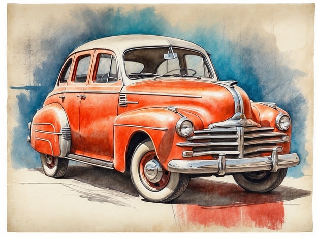 Auf dem Bild ist ein klassisches, orangefarbenes Auto zu sehen, das aussieht wie ein Modell aus den 1940er Jahren. Solche Retro-Autos werden oft in Unterhaltungsshows oder Filmen eingesetzt, um nostalgische Stimmung zu erzeugen. Man könnte sich vorstellen, dass dieses Detail in einer Serie wie „Die Sopranos“ oder eine klassische Filmkomödie eingebaut wird, wo das Auto eine Rolle spielt. Auch in Autoshows oder Oldtimer-Rallyes wird solch ein Fahrzeug oft präsentiert. Die Form und Farben sind typische Merkmale älterer Modelle, die häufig von Autoenthusiasten geschätzt werden.