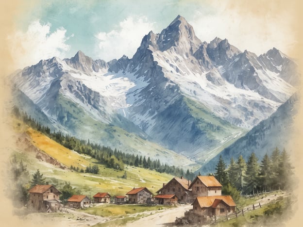 Auf dem Bild ist eine malerische Alpenlandschaft zu sehen, die an die Schönheit von Damüls erinnert. Im Vordergrund befinden sich einige traditionelle Holzchalets mit roten Dächern, umgeben von grünen Wiesen und vereinzelten Bäumen. Im Hintergrund erheben sich majestätische Berge, teils mit Schnee bedeckt, die den Eindruck von Erhabenheit und Ruhe vermitteln. Die sanften Farben und die Detailtreue der Natur schaffen eine harmonische und einladende Atmosphäre, die typisch für die alpine Region ist.