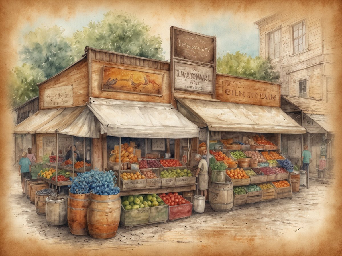 Ein lebendiger Markt in Madagaskar, der mit bunten Obst- und Gemüseständen geschmückt ist. Die Stände sind mit frisch geernteten Produkten wie Trauben, Äpfeln, Orangen und Gemüse gefüllt. Verkäufer bieten ihre Waren an, während Kunden durch die Gänge schlendern. Im Hintergrund sind Holzgebäude mit Schildern zu sehen, die auf lokale Restaurants und Geschäfte hinweisen. Die Atmosphäre ist freundlich und einladend, ideal für Reisende, die die lokale Kultur und die kulinarischen Köstlichkeiten entdecken möchten. Die beste Reisezeit für Madagaskar ist von April bis Oktober, wenn das Wetter mild ist und die Natur in voller Pracht erstrahlt.