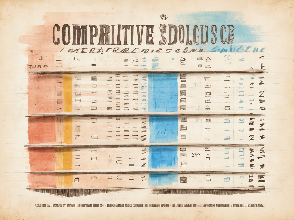 Eine farbige, künstlerische Darstellung mit mehreren horizontalen Linien, die Daten oder Zahlen in unterschiedlichen Farben zeigen. Die obere Zeile ist hellblau, die zweite gelb, die dritte orange und die vierte rot. Die Informationen sind in einer Art Tabelle angeordnet, die handschriftliche Notizen oder Zeichnungen enthält. Unterschiedliche Buchstaben und Ziffern sind in den Spalten zu sehen, was auf eine Art von Vergleich oder Analyse hinweist. Der Hintergrund ist cremefarben und zeigt leichte Texturen oder Abnutzung.