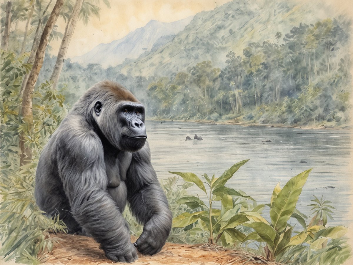 Ein mächtiger Gorilla steht am Ufer eines ruhigen Flusses, umgeben von üppigem Grün und hohen Bäumen. Im Hintergrund erstrecken sich sanfte Hügel, die mit dichter Vegetation bedeckt sind. Die friedliche Landschaft strahlt eine natürliche Schönheit aus, die typisch für die majestätischen Wälder Ugandas ist. Diese Szene erinnert an die beeindruckende Tierwelt und die einzigartigen Möglichkeiten zur Tierbeobachtung...
