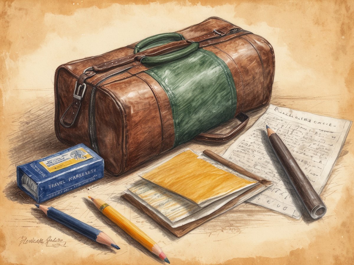 Eine braune Reisetasche mit einem grünen Streifen liegt auf einem Holztisch. Daneben befinden sich ein Notizblock und eine handgeschriebene Notiz. Mehrere Bleistifte in verschiedenen Farben, darunter Blau und Orange, liegen ebenfalls auf dem Tisch. Ein Radiergummi in einer blauen Verpackung ist sichtbar, während ein brauner Stift bereit liegt. Der Hintergrund ist in sanften, warmen Farben gehalten, was eine einladende Atmosphäre schafft, ideal zur Vorbereitung auf eine Reise nach Ruanda.