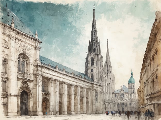 Auf dem Bild ist ein beeindruckendes architektonisches Szenario zu sehen, das den Stephansdom, das berühmte Wahrzeichen Wiens, widerspiegelt. Die hoch aufragenden Türme und die prächtigen Fassaden der beiden Kirchengebäude fangen die Aufmerksamkeit des Betrachters. Dazu stellt sich eine malerische Atmosphäre mit einem klaren Himmel und belebt von Passanten dar, die die historische Umgebung genießen. Der gesamte Anblick vermittelt ein Gefühl von Kultur und Geschichte, das Wien prägt.