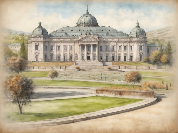 Auf dem Bild ist ein prächtiges Gebäude mit einem gewölbten Dach und mehreren Kuppeln zu sehen, umgeben von gepflegten Gärten und Rasenflächen. Die Architektur scheint im Barockstil gehalten zu sein und erinnert an ein Schloss oder eine große Villa. Der Eingangsbereich hat breite Treppen, die zu den Eingangstüren führen. Das Bild vermittelt eine ruhige und elegante Atmosphäre, die typisch für historische Anwesen ist. Das Belvedere entdecken könnte in diesem Zusammenhang eine Gelegenheit sein, diese architektonische Schönheit und die umliegende Landschaft näher zu erkunden.